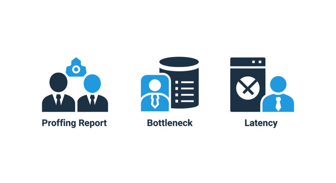 Technical business flow and networking icons illustrating proofing report bottleneck and latency parameters with technical business networking proofing bottleneck parameter database processing