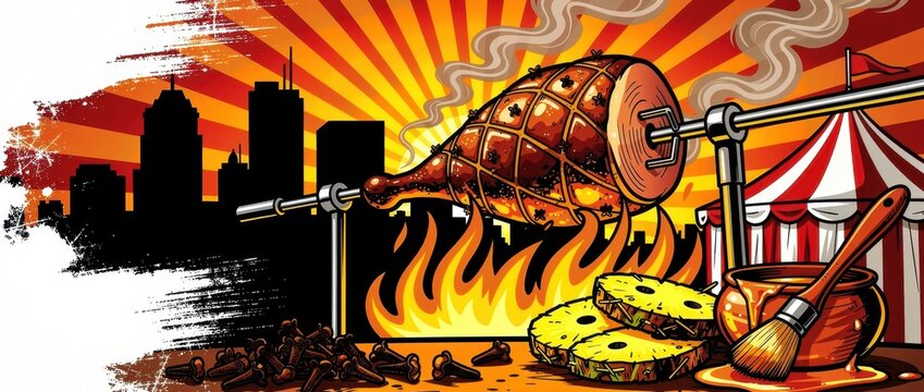 Glazed ham roasting on a rotisserie over open flames in a comic book style. Illustration features pineapple slices, honey glaze, and a city skyline. Festive food festival concept for bbq marketing.