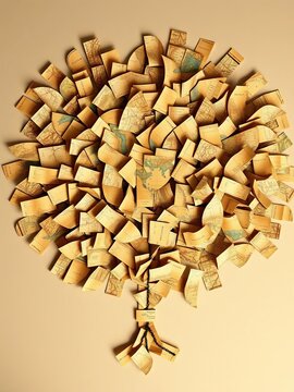 Overhead view of carefully arranged, faded antique map fragments forming a tree-like structure, imbued with a sense of discovery,  art,  geography