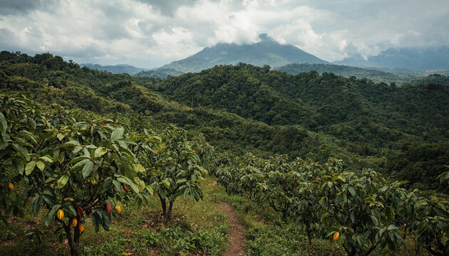 Lush cacao plantation with rows of trees bearing colorful pods on a hillside, leading towards a large mountain peak under a cloudy sky