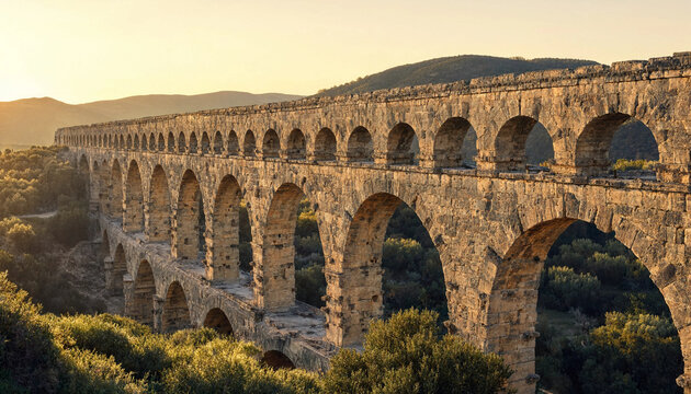 A massive ancient roman stone aqueduct with multiple tiers of arches standing in a rural landscape during a warm golden sunset light