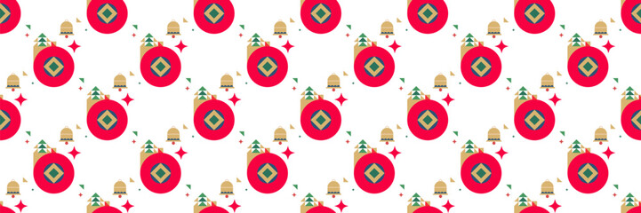 Fototapeta premium Seamless christmas pattern with geometric red ornaments bells and stylized pine trees. Festive holiday background.