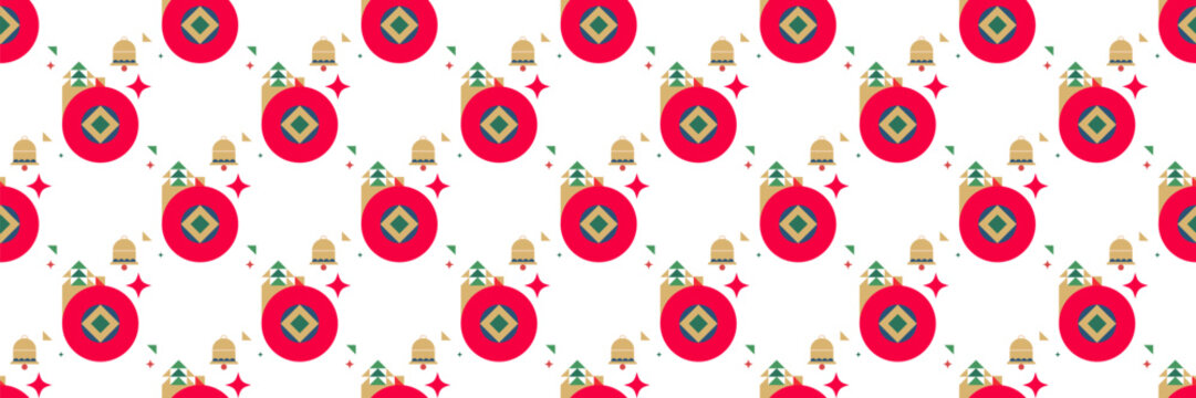 Seamless christmas pattern with geometric red ornaments bells and stylized pine trees. Festive holiday background.