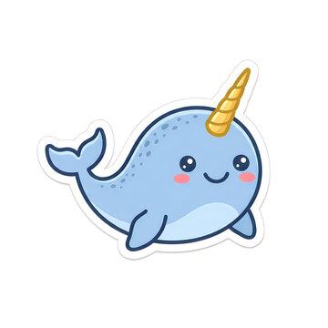 Cute blue narwhal with a golden horn sticker design isolated on white background