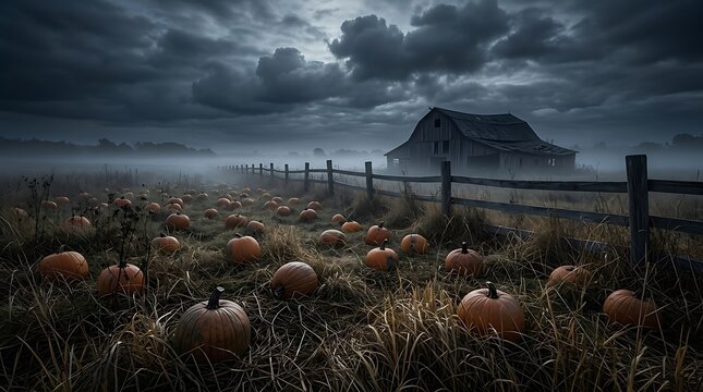 Desolate pumpkin patch field in a rural landscape under dark stormy clouds at dusk