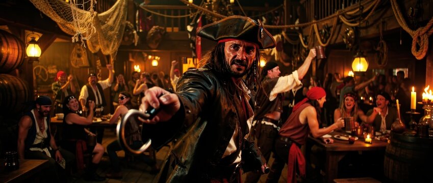 Pirate captain pointing a metal hook toward the viewer in a crowded tavern. Group of sailors cheering and drinking ale in a rustic interior. Fantasy adventure concept for entertainment media.