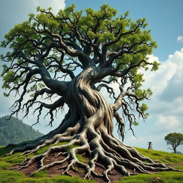 Roots of an ancient tree twisting into a maze-like structure, symbolizing thought processes,  complexity,  roots