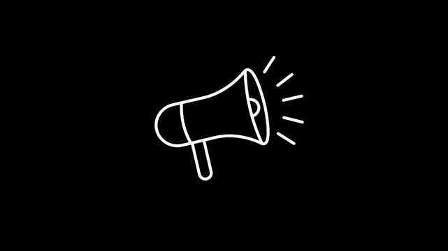 Megaphone animation on a black background; a loudspeaker announcing a major promotion. Megaphone/loudspeaker for advertising and promotional purposes. Outline-style megaphone animation, 4K video.