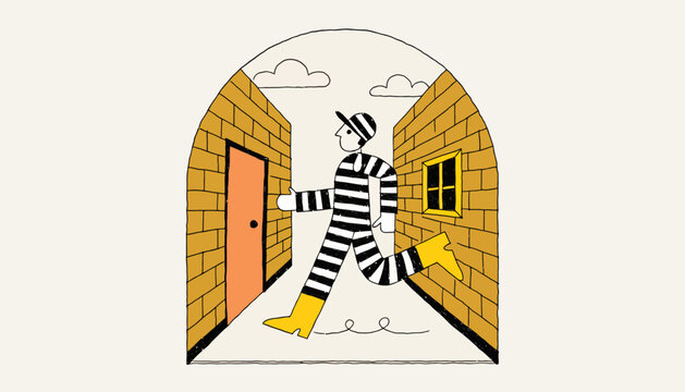 prisoner escaping through door and window