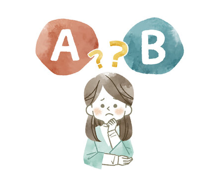 AとBの選択肢を比較をしている困った表情の女性-水彩