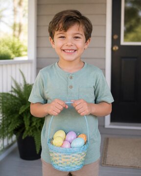 Smiling young boy holding an Easter basket filled with colorful eggs on a porch
