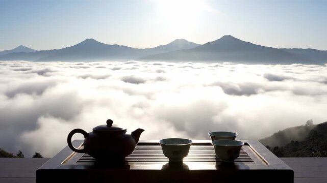 Tea set landscape in the sea of clouds, artistic conception of tea table in the sea of clouds