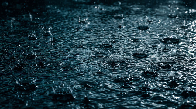 Heavy rain creates reflection across dark puddle surface, evoking calm and melancholy. Urban city flooding hazard. stormy rainstorm weather climate, wet water raindrop splashing