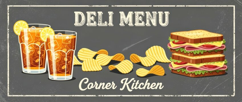 Vintage deli menu illustration with iced tea, chips, and a stacked sandwich. Retro design featuring classic lunch items on a dark background. Nostalgic food service concept for cafe marketing.
