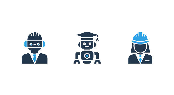3D isometric icon set displaying engineering workers AI robots in graduation caps professional safety personnel engineer graduation personnel isometric artificial intelligence humanoid