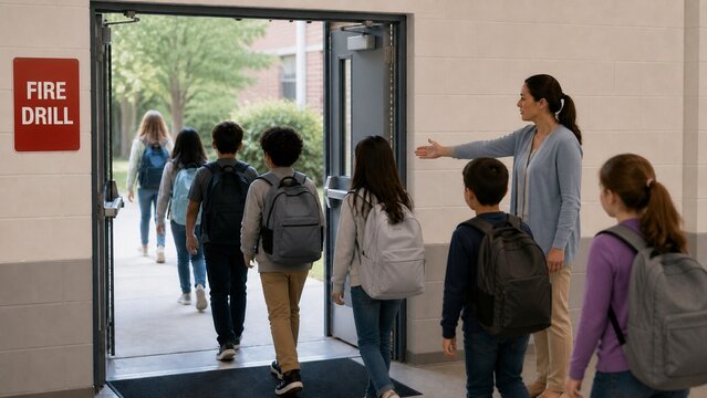 Teacher guiding students out of school during a fire drill evacuation