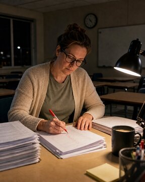 Female teacher grading papers late at night in a dark classroom with a desk lamp