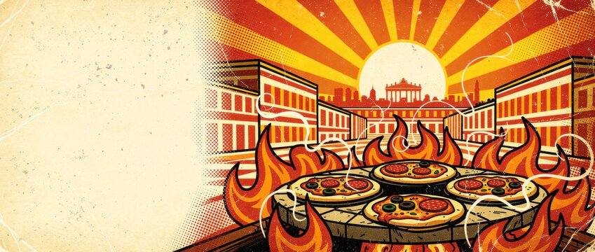 Hot pizzas baking in flames with a retro city background. Vintage comic style illustration featuring a sunburst over an urban scene. Italian food concept, ideal for restaurant branding and menus.