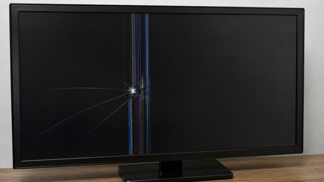 Broken LCD monitor screen with spider web cracks and dead pixels