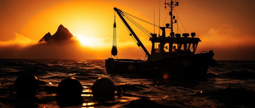 Silhouette of a fishing boat on rough ocean at sunset. Trawler with crane equipment near misty mountains. Maritime industry concept for seafood supply chain marketing.