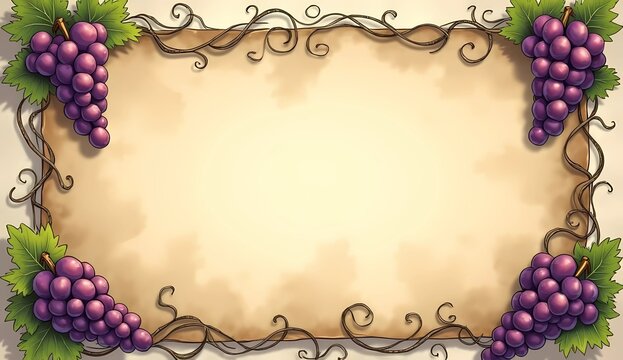 Parchment paper frame decorated with purple grape bunches