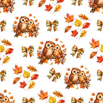 Cute owl couple and autumn leaves pattern on white background, hand-drawn illustration style.