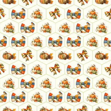 A seamless, festive pattern features charming autumn motifs: bountiful pumpkins, colorful bows, and dried leaves, all arranged within a honeycomb design on a cream background.