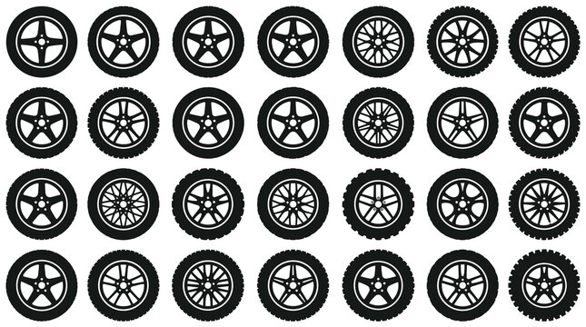 Array of Various Car Wheel Designs Showcasing Different Mechanical and Aesthetic Styles in Black and White