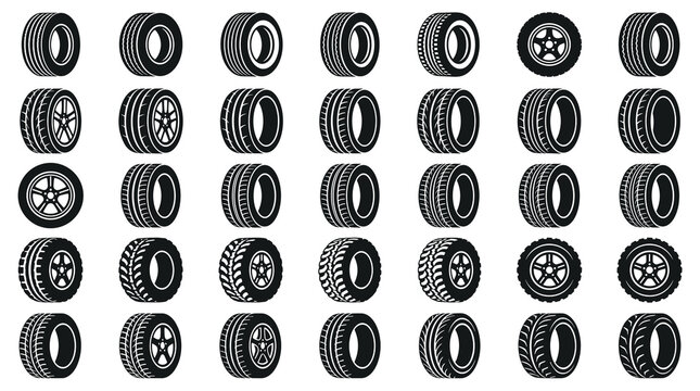 Diverse collection of automotive tires exhibiting various designs, tread patterns, and wheel styles for different vehicle types