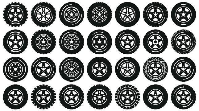 Assorted black and white wheel designs arranged in a grid pattern showcasing different styles and patterns for automotive or