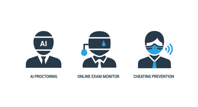 3D isometric icon set representing AI proctoring online exam monitoring cheating prevention with proctoring monitoring cheating prevention artificial intelligence education assessment learning