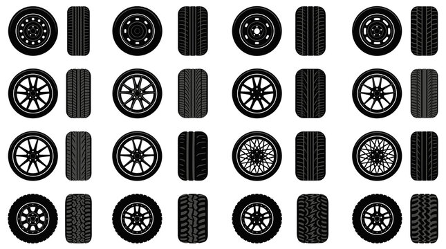 Collection of various tire and wheel designs showcasing different tread patterns and rim styles for automotive customization and