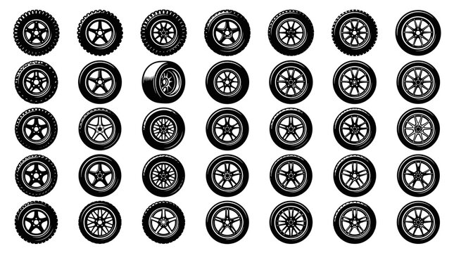 Collection of various car wheels and rim designs showcasing different patterns and sizes in black and white illustration