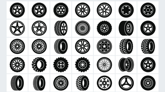 Collection of diverse automobile tires and wheel designs showcasing variety in patterns and structures for different vehicle types