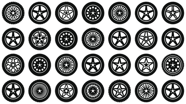 Collection of diverse black and white wheel rim icons showcasing various spoke designs and patterns for automotive and graphic