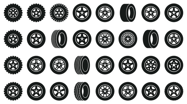 Collection of diverse black and white illustrations of various tire and wheel designs showcasing different patterns and