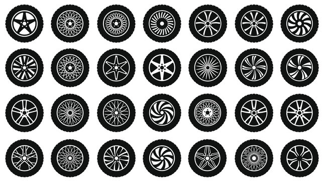 Collection of diverse wheel rim patterns showcasing intricate geometric designs and unique structural elements in a monochrome