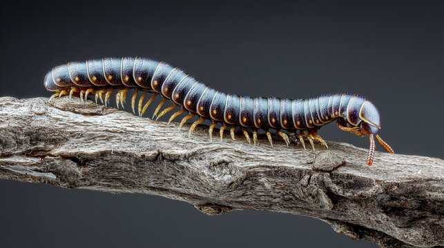 Detailed close-up reveals a blue millipede gracefully crawling across a weathered branch, highlighting nature's intricate beauty