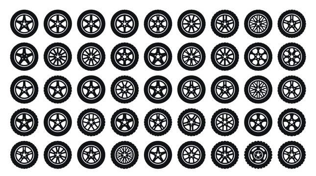 Diverse wheel designs in a grid pattern representing variety in automotive aesthetics and engineering concepts across multiple