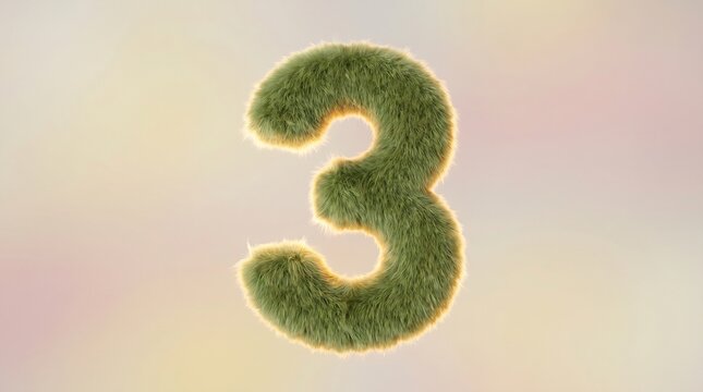 Grass Textured Number Three on Pastel Background, 3D Green Fluffy Digit for Kids Math Education, Nature Branding and Spring Design.