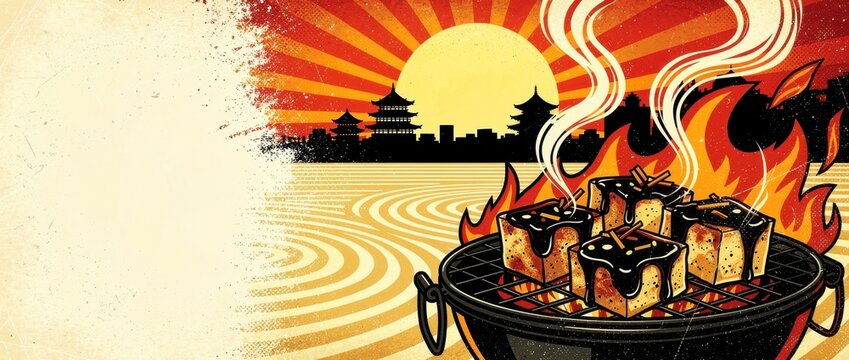 Grilled tofu cubes sizzling on a BBQ grill with roaring flames. Stylized illustration features a Japanese sunburst background with pagodas. Food culture concept for restaurant and culinary marketing.