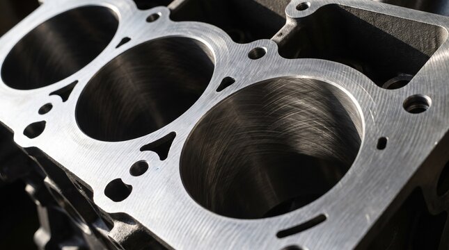 Close-up of an automotive engine cylinder block, highlighting the precision-machined cylinder bores ready for assembly. Ideal for mechanics, automotive industry, and engineering visuals.