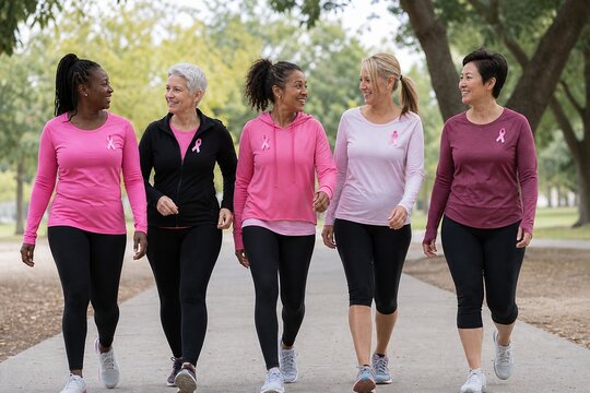 Diverse group of women walking together outdoors for breast cancer awareness