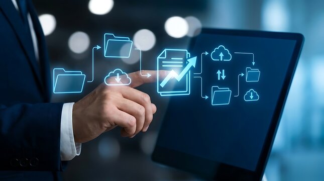 Digital document management system concept, businessman pointing at cloud data transfer icon, virtual folder workflow on screen