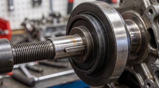 Detailed shot of an engine crankshaft being assembled with a pulley and bearing into a metal engine block, highlighting automotive repair and mechanical engineering.
