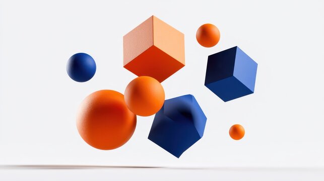 Minimalist composition of floating orange and blue geometric shapes, white background