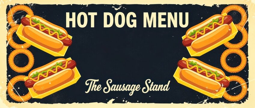 Hot dog menu template with vintage illustration. Fast food poster featuring sausages in buns and onion rings. Retro diner design ideal for restaurant marketing and menus.