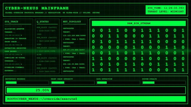 Cyber Nexus Mainframe Hacker Override Terminal Animation.