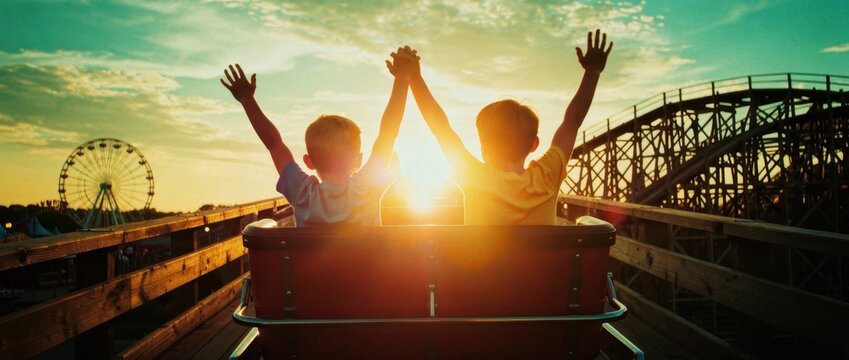Two boys raising arms while riding a roller coaster at sunset. Young brothers holding hands on an amusement park ride during golden hour. Concept of childhood joy and summer family adventure.