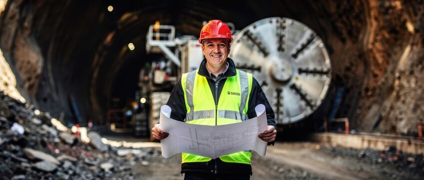 Engineer holding blueprints at an underground tunnel construction site. Professional worker in safety gear stands before a tunnel boring machine. Infrastructure project concept for heavy industry.